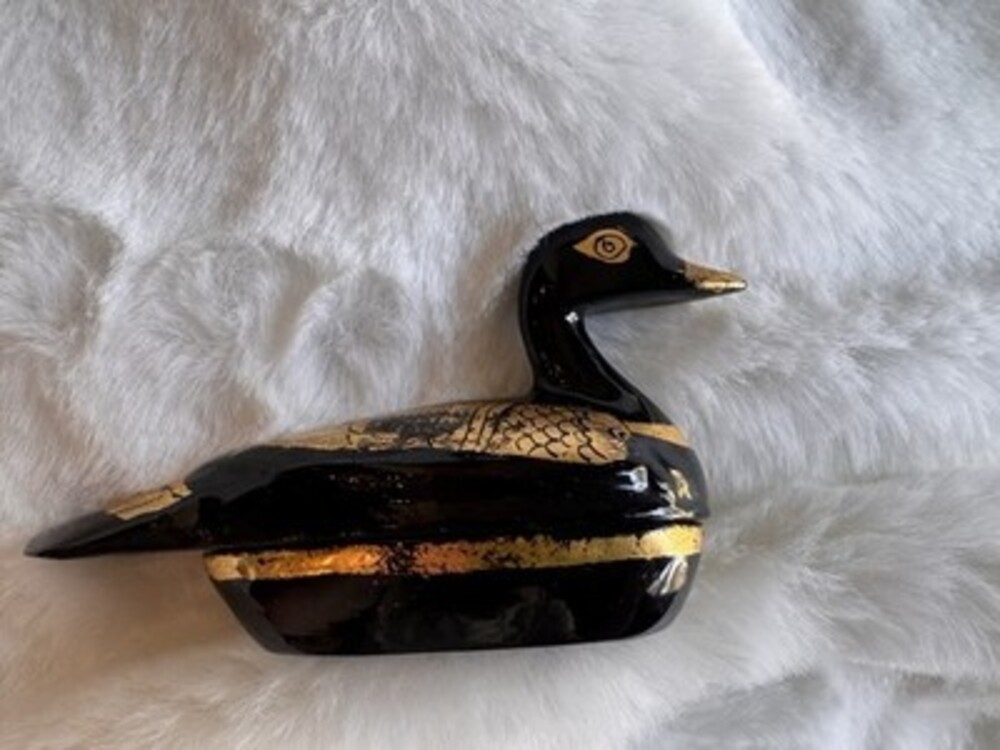 Adorable Vintage Black And Gold Hand Painted Duck Trinket Box Small